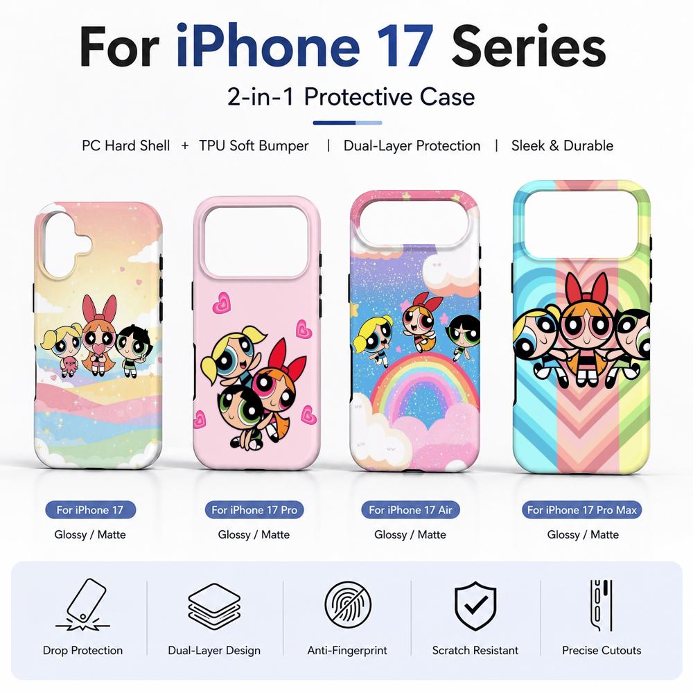 Phone Cases Girls - เคสโทรศัพท์ลายอนิเมะ P-Powerpuff Girls วัสดุฟิล์ม 2-in-1 สำหรับ